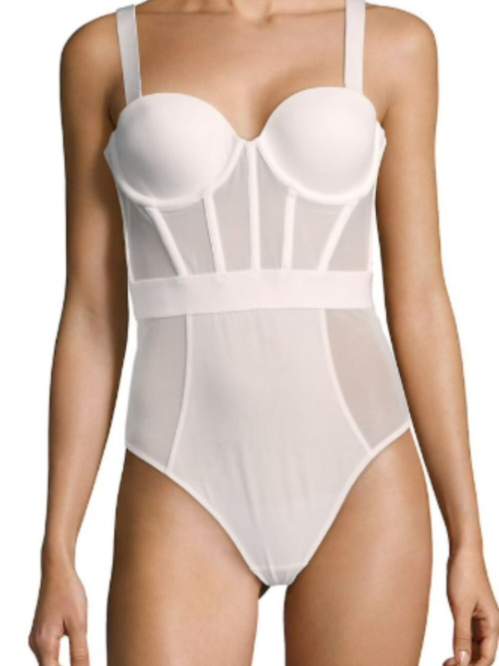 DKNY Sheers Strapless Mesh Panel Thong Bodysuit DK6008 White 36D NWT Worn on TV